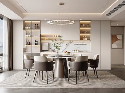 Elegant Modern Restaurant Interior With Round Chandelier Dining Table And Chairs 3d model