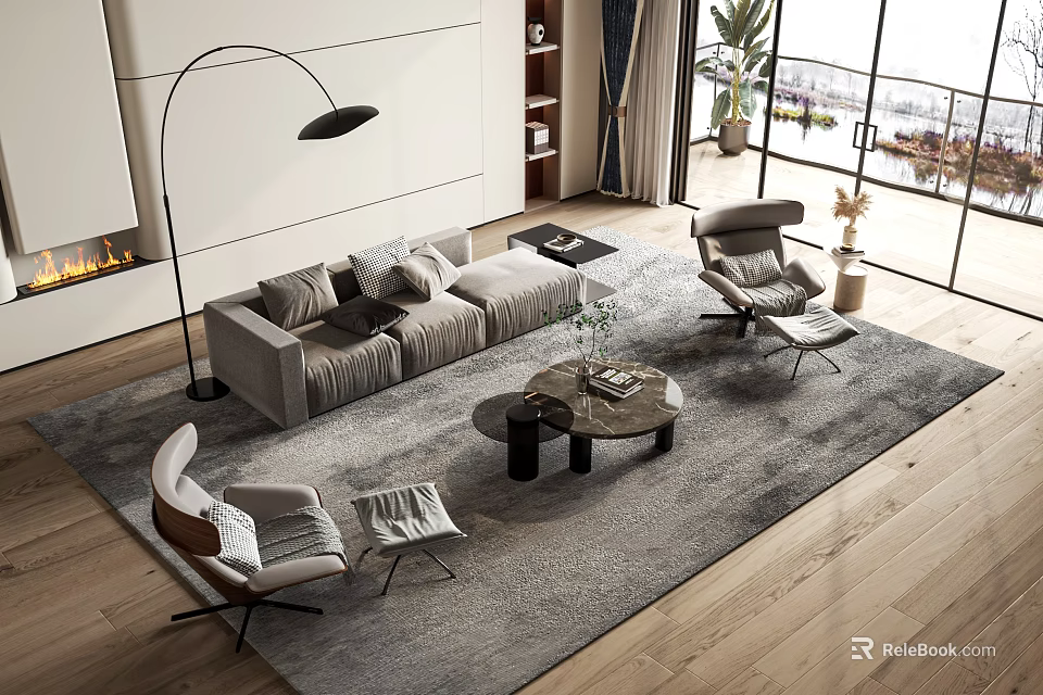 Modern Living Room Interior With Gray Sofa Coffee Table Set Wooden Floor And Accent Chairs 3d model 