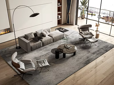Modern Living Room Interior With Gray Sofa Coffee Table Set Wooden Floor And Accent Chairs 3d model