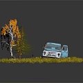 Light Blue Vintage Truck And Orange Leaf Tree In Grass With White Flowers
