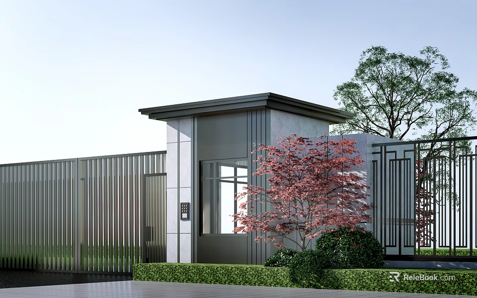 Modern Porch With Metal Fence Gray Pillars Red Tree And Green Shrubs 3d model 