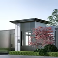 Modern Porch With Metal Fence Gray Pillars Red Tree And Green Shrubs