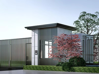 Modern Porch With Metal Fence Gray Pillars Red Tree And Green Shrubs 3d model