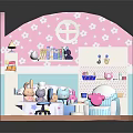 Cartoon Room Dollhouse With Pink Blue Decor Stuffed Toys Bookshelf Sofa And Computer Desk