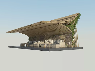 Modern Curved Wooden Pergola Design With Lush Greenery Vines And Outdoor Relaxation Seats 3d model