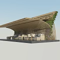 Modern Curved Wooden Pergola Design With Lush Greenery Vines And Outdoor Relaxation Seats