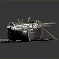 Abandoned Shipwreck Hull Structure With Green Rust And Weathered Metal