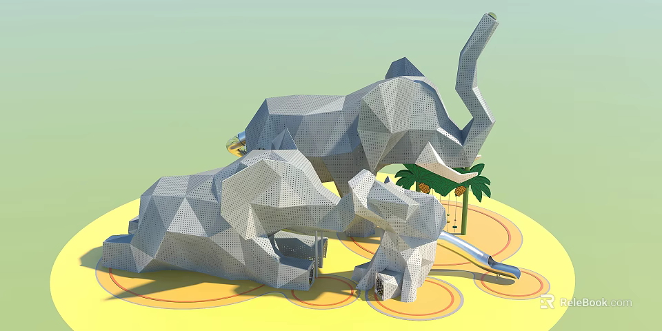 Geometric Elephant Shaped Play Equipment With Palm Tree Decoration And Ground Circular Patterns 3d model 