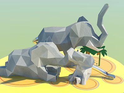 Geometric Elephant Shaped Play Equipment With Palm Tree Decoration And Ground Circular Patterns 3d model