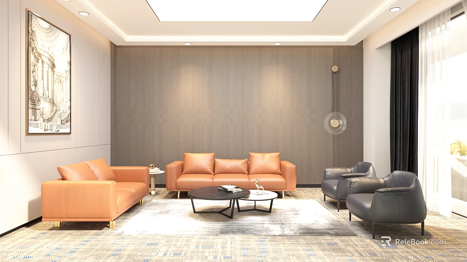 Modern Living Room Interior With Orange Sofas Gray Armchairs And Coffee Table Set 3d model