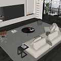 Modern Living Room Sofa Coffee Table Set With Striped Rug Large Windows Indoor Plant Decor