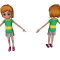 Cartoon Woman With Front Back Views Green Yellow Striped Shirt Plaid Skirt Pink Shoes
