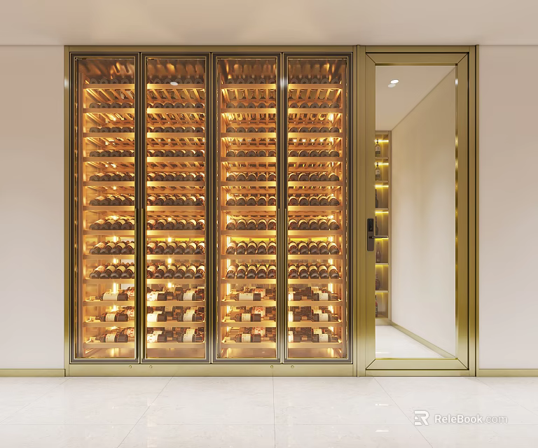 Luxury Wine Cellar With Golden Frame Glass Doors And Multiple Wine Bottle Storage Shelves 3d model 