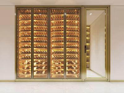 Luxury Wine Cellar With Golden Frame Glass Doors And Multiple Wine Bottle Storage Shelves 3d model