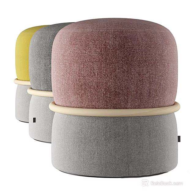 Stylish Contemporary Fabric Ottomans In Multi Colors With Round Design And Wooden Base Details 3d model 