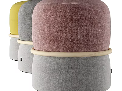 Stylish Contemporary Fabric Ottomans In Multi Colors With Round Design And Wooden Base Details 3d model