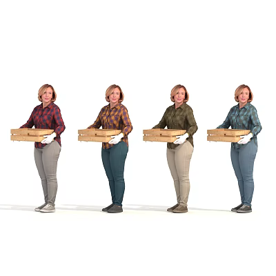 Women Standing And Holding Wooden Boxes With Different Colored Shirts And Pants 3d model