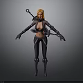 Woman With Orange Hair In Black Tight Fitting Outfit Gloves Boots And Weapon On Back