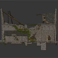 Ruined Stone Building Structure Featuring Damaged Roof Wooden Beams And Grass Growth
