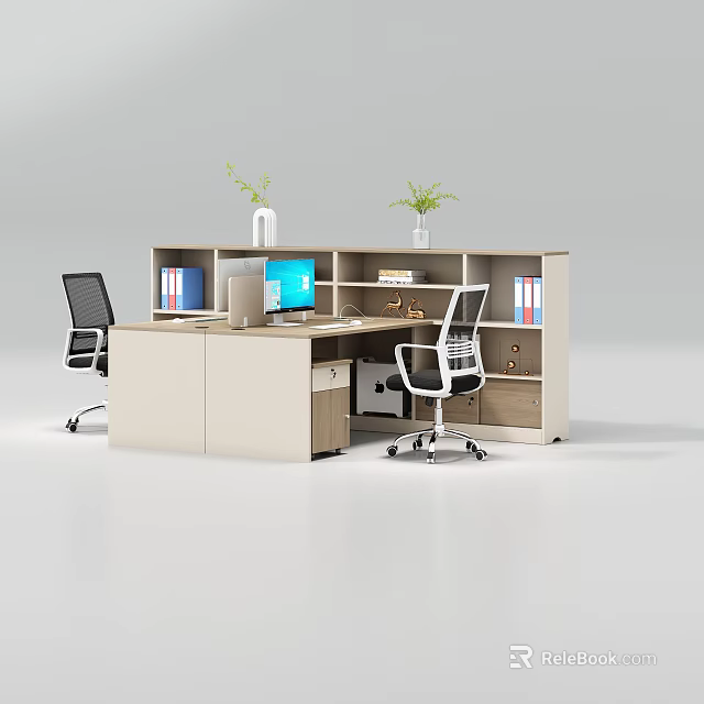 Modern Office Desk With Computer Monitor Office Chairs Bookshelf And Plants 3d model 