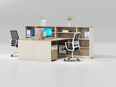 Modern Office Desk With Computer Monitor Office Chairs Bookshelf And Plants 3d model