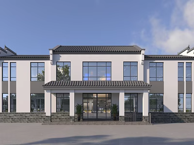 Modern Chinese Style Office Building Exterior With White Walls Black Roof And Large Glass Windows 3d model
