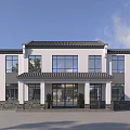 Modern Chinese Style Office Building Exterior With White Walls Black Roof And Large Glass Windows