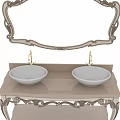 Ornate Double Sink Vanity With Carved Frame Marble Countertop Mirror And Wall Sconces On Dark Background