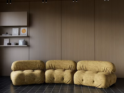 Golden Velvet Multi Seater Sofa In Modern Interior With Wooden Wall And Black Tiled Floor 3d model