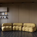 Golden Velvet Multi Seater Sofa In Modern Interior With Wooden Wall And Black Tiled Floor