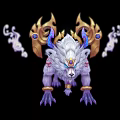 Game Fantasy Creature Character With White Fur Golden Horns Red Patterns And Cloud Tail
