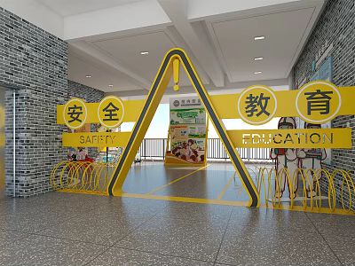 Safety Education Exhibition Area With Yellow Structure And Display Boards 3d model