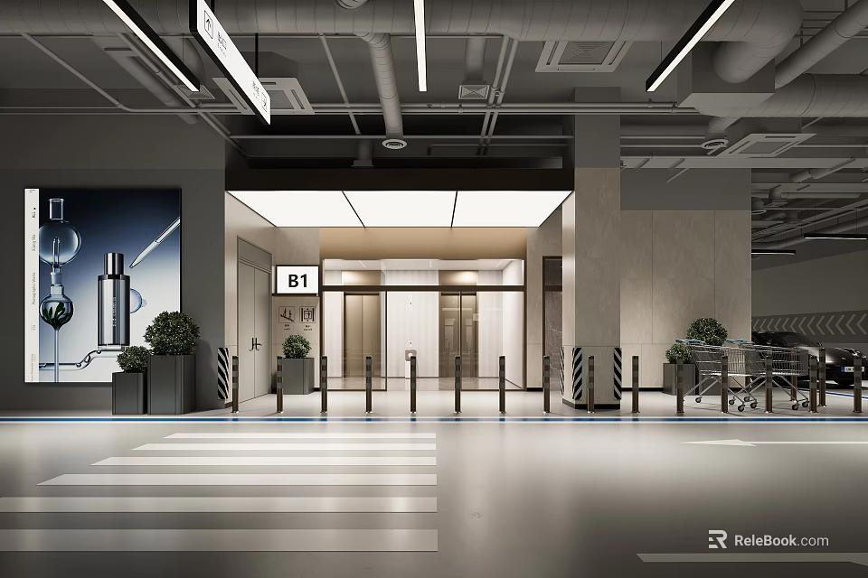 Modern Indoor Entrance Hall Featuring B1 Sign Elevators Ceiling Lights And Plants 3d model 