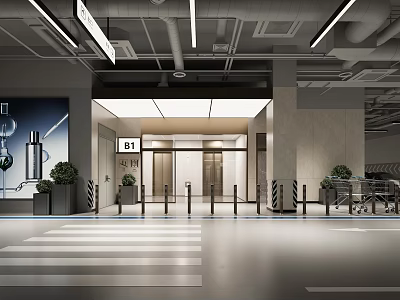 Modern Indoor Entrance Hall Featuring B1 Sign Elevators Ceiling Lights And Plants 3d model