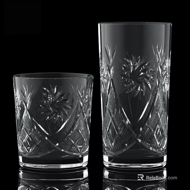 Tall And Short Transparent Crystal Glass Cups With Intricate Engraved Patterns 3d model 