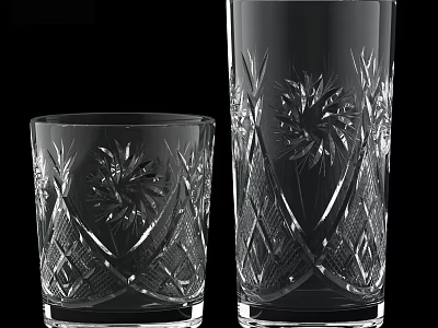 Tall And Short Transparent Crystal Glass Cups With Intricate Engraved Patterns 3d model