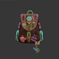Vintage Brown Backpack With Circular Blue Gemstone Metal Buckles Pendants And Steampunk Design