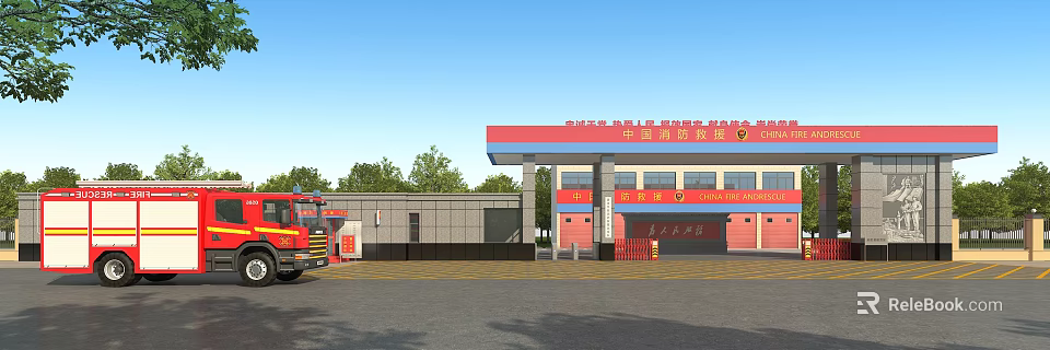 Fire Station Exterior With Red Blue Facade Fire Truck And China Fire Rescue Signage Gate 3d model 