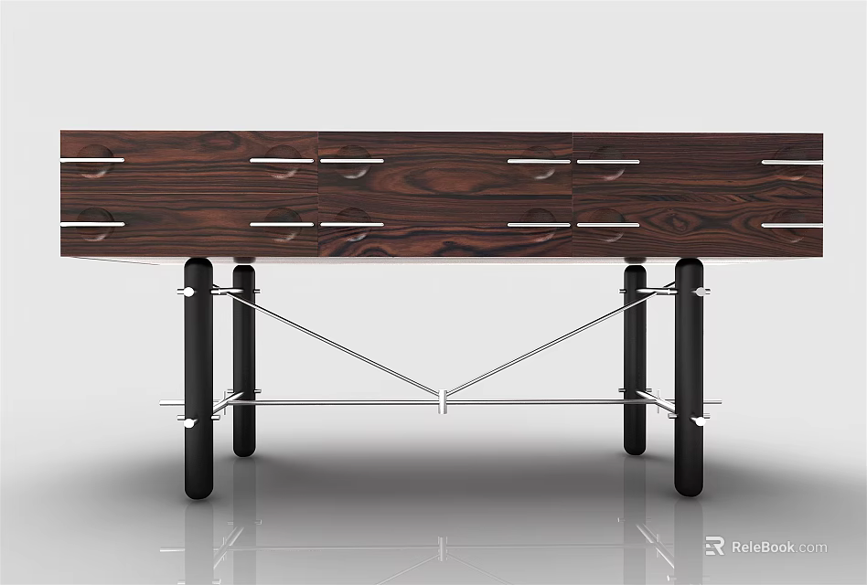 Modern TV Stand With Walnut Wood Finish And Drawers And Metal Legs Design 3d model 