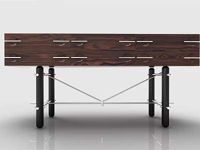Modern TV Stand With Walnut Wood Finish And Drawers And Metal Legs Design 3d model