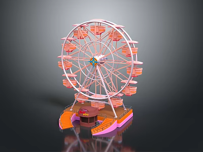 Pink and Orange Ferris Wheel Model With Small Pavilion And Decorative Base 3d model