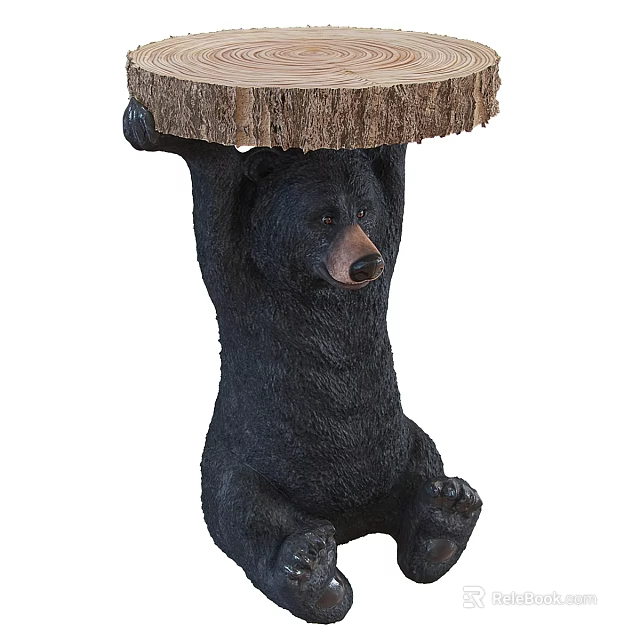 Unique Black Bear Sculpture Base Dining Table With Natural Tree Stump Top 3d model 