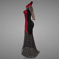 Elegant Gothic Character Dress With Red Black Intricate Pattern And Long Sleeves