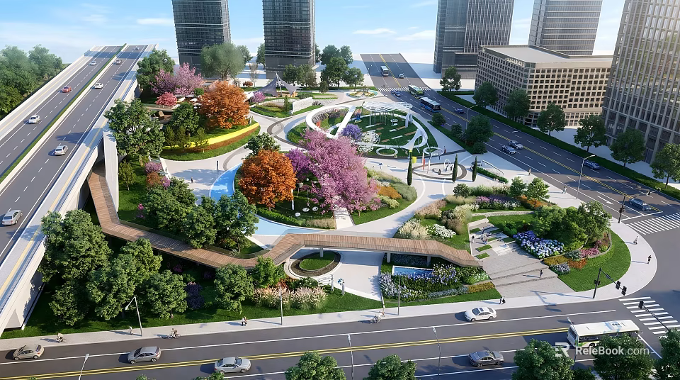 Urban Park Landscape with Colorful Trees Pink Flowers Curved Pathways and Tall Buildings 3d model 