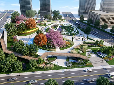 Urban Park Landscape with Colorful Trees Pink Flowers Curved Pathways and Tall Buildings 3d model