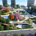 Urban Park Landscape with Colorful Trees Pink Flowers Curved Pathways and Tall Buildings
