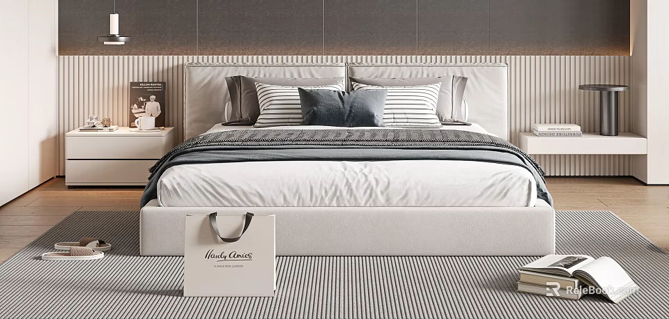 Modern Double Bed With White Bedding Striped Pillows Wooden Nightstand And Neutral Rug Decor 3d model 