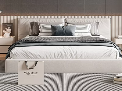 Modern Double Bed With White Bedding Striped Pillows Wooden Nightstand And Neutral Rug Decor 3d model