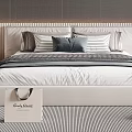Modern Double Bed With White Bedding Striped Pillows Wooden Nightstand And Neutral Rug Decor