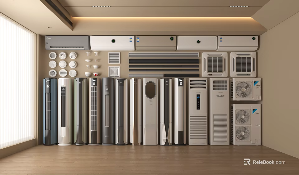 Display of Various Types and Models of Air Conditioners and Fans in Modern Showroom 3d model 